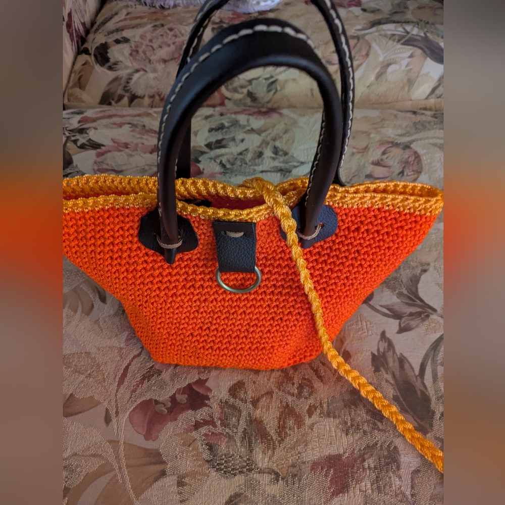 Handmade Crochet Bucket Bag Nylon Mason Line Bright Orange Brown Leather - Picture 5 of 16